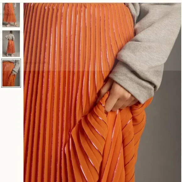 NWOT Anthropologie Neon Pleated Midi Skirt Small Vibrant Medium Orange - Picture 6 of 7